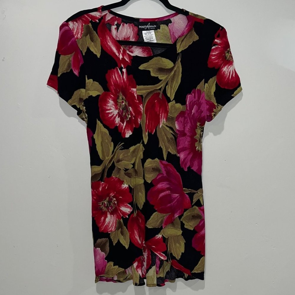 Vintage Positive Attitude Petite Black and Red Large Floral Print Blouse Size 14